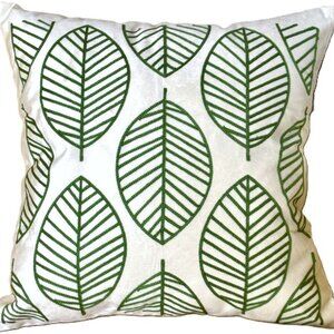 18x18 Contemporary Embroidered Green Leaf Leaves Off-White Throw Pillow Cover